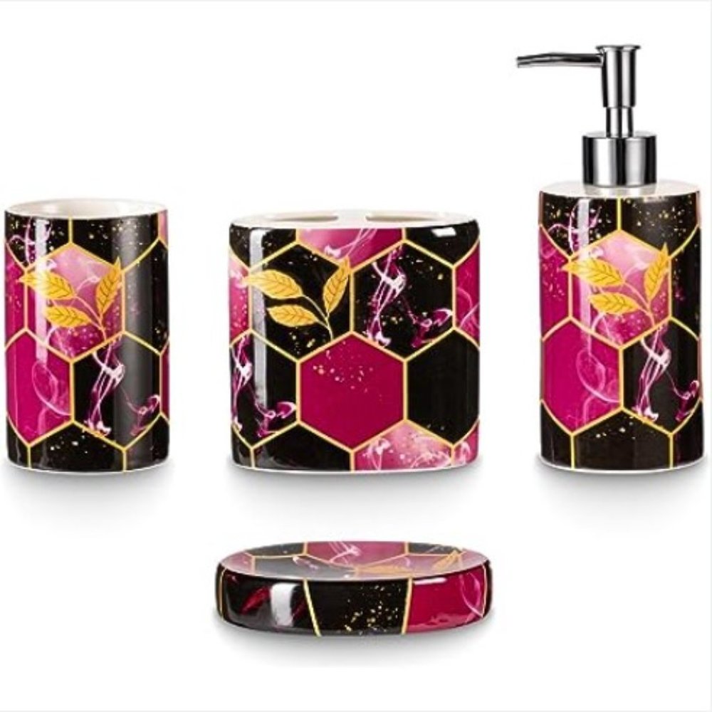 4 pc - Ceramic Bathroom Accessory Set - Purple/ Black/ Gold Honeycomb Design